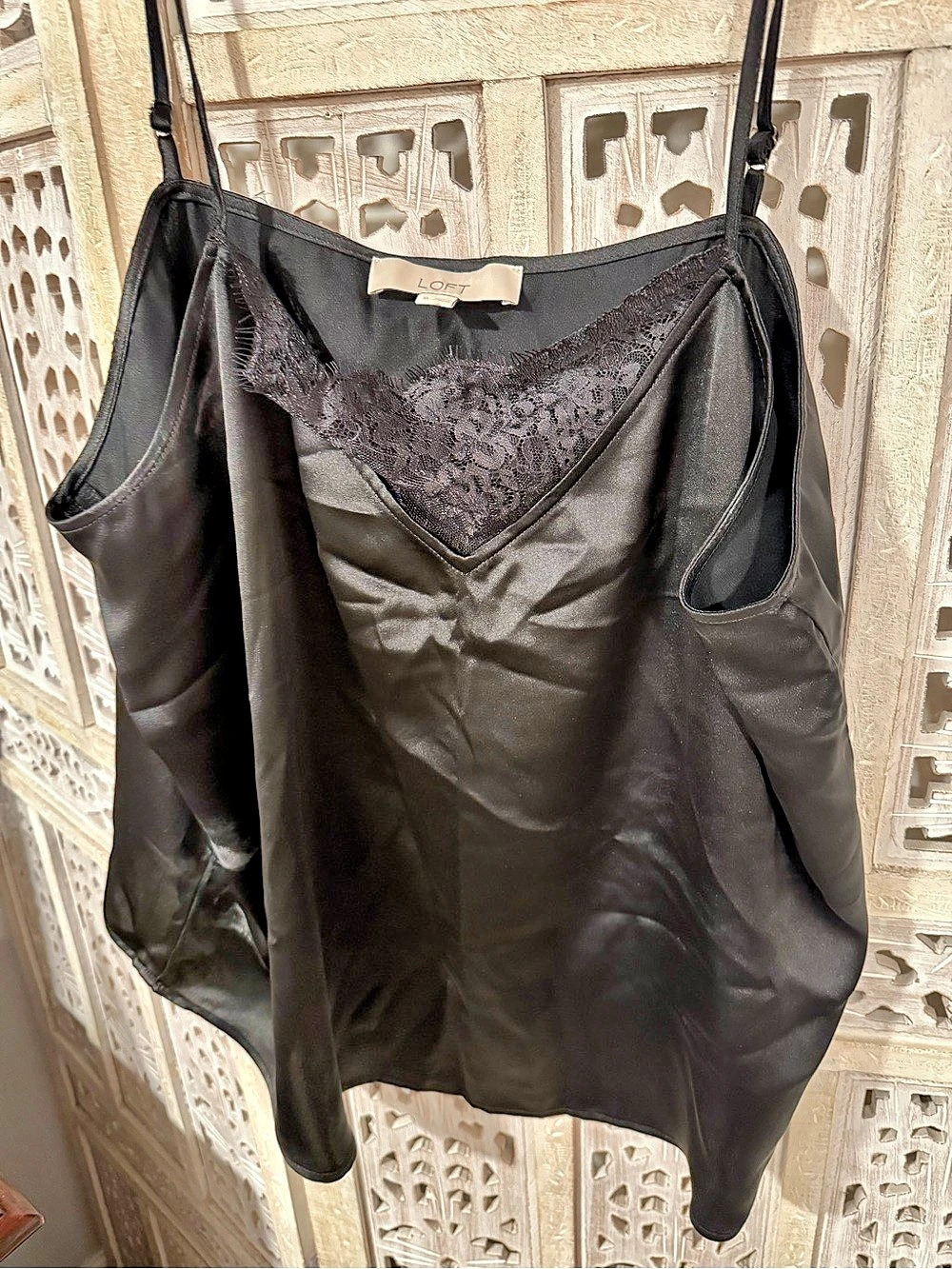 LOFT Lace Trim Satin Cami Lace Camisole in Black Size XL